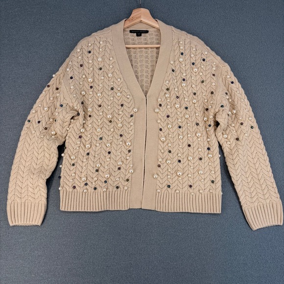 Boston Proper Sweaters - Boston Proper Beige Pearl Embellished Cable Knit Cardigan Sweater Womens Medium